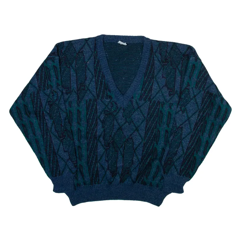 FREY Mens Patterned Jumper Blue Crazy Pattern V-Neck Tight Knit 3XL