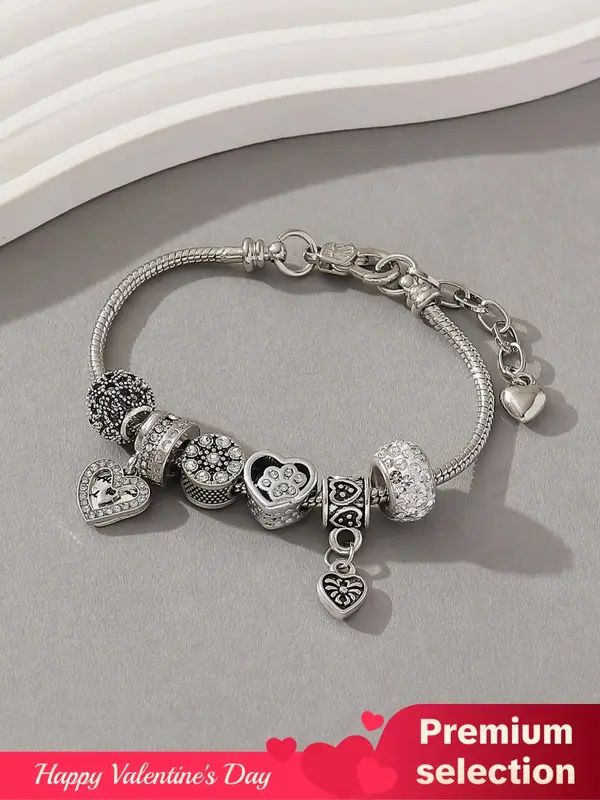 Stylish Hollow out Design Beaded Bracelet for Girlfriend, Elegant Rhinestone Inlaid Heart Charm Matching Bracelet, Fashion Ac...