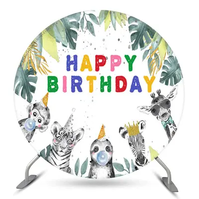 Aperturee Safari Monstera Animal Round Happy Birthday Backdrop | Birthday Backdrop Ideas | Round Birthday Backdrop Cover | Ro...