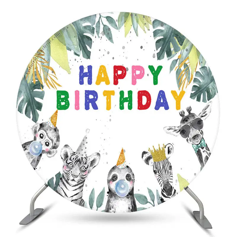 Aperturee Safari Monstera Animal Round Happy Birthday Backdrop | Birthday Backdrop Ideas | Round Birthday Backdrop Cover | Ro...