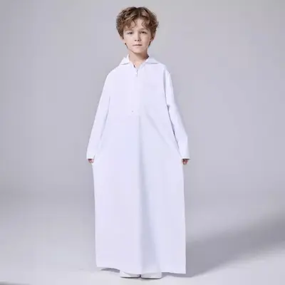 Modesty Solid Color Hooded Kids Thobe MKB008 - Comfortable Fit, Versatile Style, Ideal for Kids, Ideal for Everyday Wear
