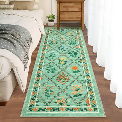 Garvee Modern Washable Rugs 2x6 Runner with Floral Diamond Pattern, Soft & Durable Polyester, Non-Slip & Stain-Resistant, Gre...