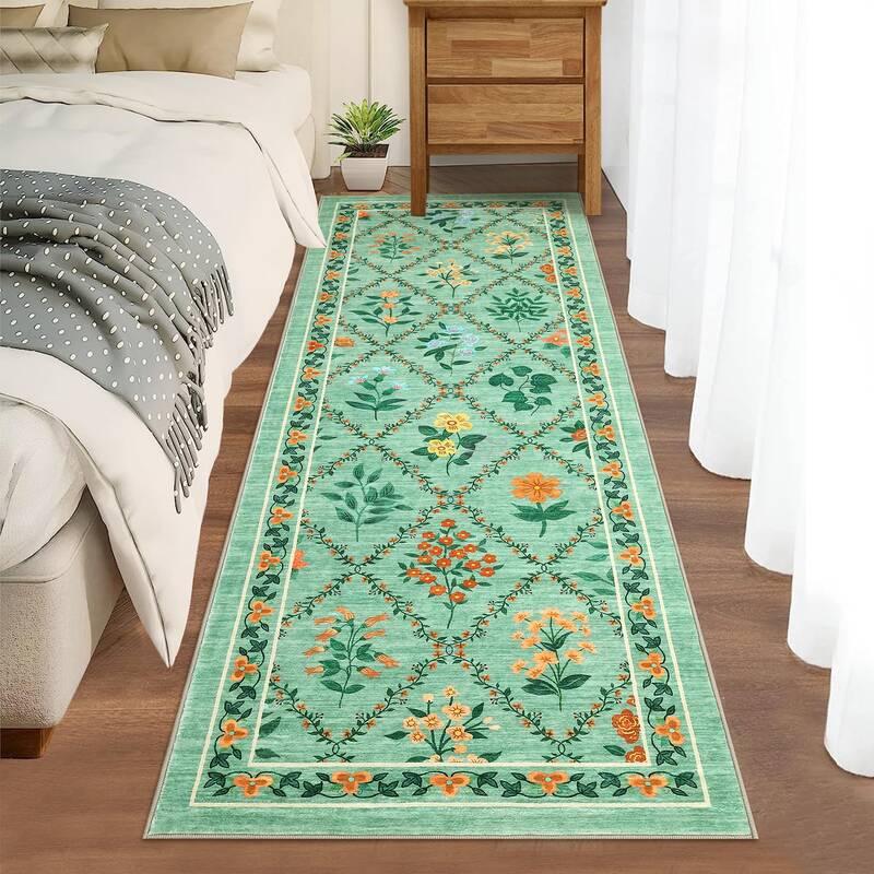 Garvee Modern Washable Rugs 2x6 Runner with Floral Diamond Pattern, Soft & Durable Polyester, Non-Slip & Stain-Resistant, Gre...
