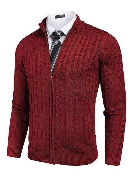 Cardigan Knitted Zip Up Sweater with Pockets (US Only), Wine Red / XL