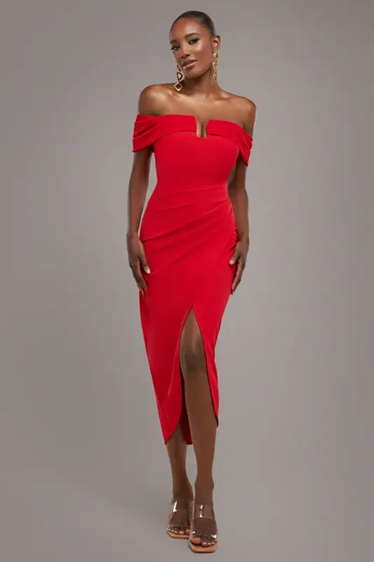 Goddiva Off The Shoulder Chiffon Wing Scuba Crepe Midi Dress - Red