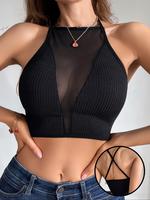 Women's Plain Criss Cross Contrast Mesh Sheer Sexy Lingerie Top, Casual Soft Breathable Sleeveless Crop Cami Top for Summer, ...