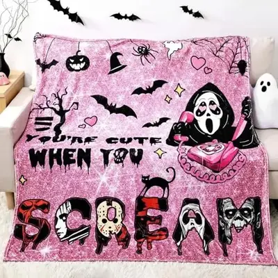 Ghostface Halloween Throw Blanket, No You Hang Up Horror Movie Character Blanket, Serial Killers Flannel Blanket, Spooky Fall...