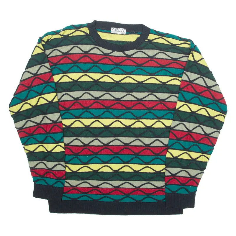 AREA Mens Patterned Jumper Green Striped 90s Tight Knit M