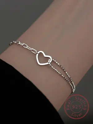 925 Sterling Silver Simple Heart Design Bracelet, Fashionable Jewelry for Women & Girls, Trendy All-match & Exquisite Jewelry...