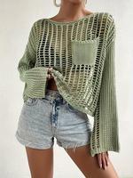 Women's Solid Hollow Out Round Neck Sweater, Elegant Casual Chic Pocket Breathable Soft Drop Shoulder Long Sleeve Jumper, Lad...
