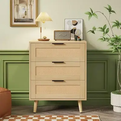 UEV Rattan Dresser, Dresser for Bedroom with 3 Drawers, Modern Chests of Drawers with Black Metal Handles, Wood Rattan Drawer...