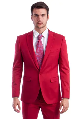 Red Slim Fit Men's Suit with One Button Peak Lapel Design