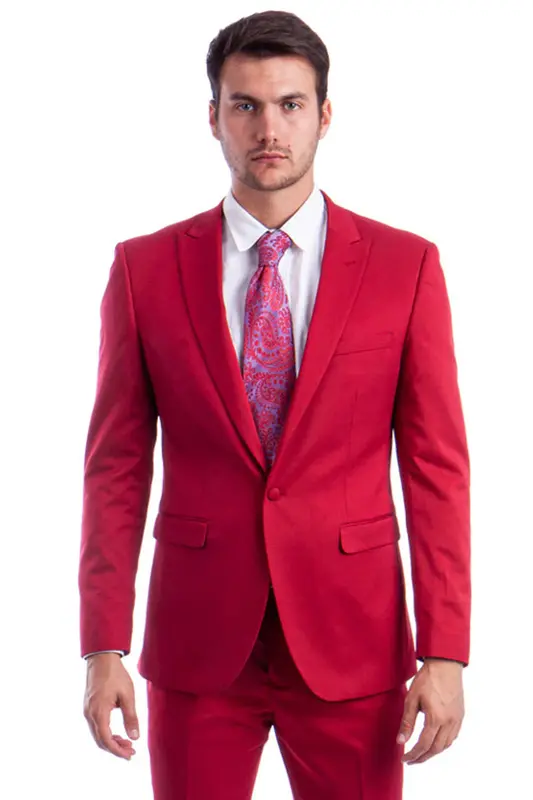 Red Slim Fit Men's Suit with One Button Peak Lapel Design