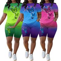 Plus size butterfly print gradient two piece set, round neck short sleeve top and shorts clothing, women's plus size clothing...