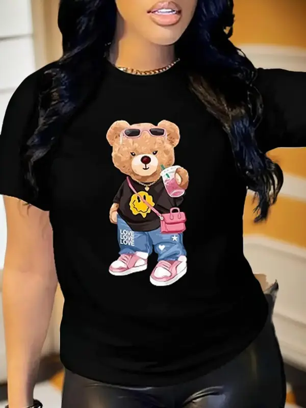 Women's Cartoon Bear Print Round Neck Tee, Fashion Casual Crew Neck T-shirt for Daily Holiday Vacation Outdoor Wear, Graphic ...
