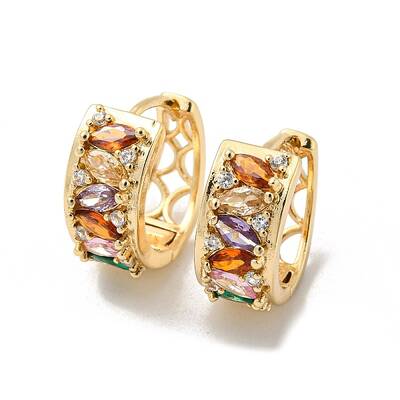 Brass Micro Pave Colorful Cubic Zirconia Hoop Earrings