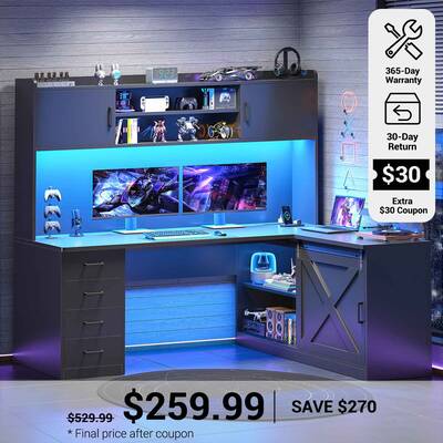 SEDETA 55 Inch L Shaped Gaming Desk Computer Desk with Storage Drawers and Hutch Farmhouse Corner Gaming Desk with LED Light ...