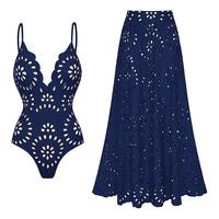 FLAXMAKER Women's Navy Blue Laser Cut Mesh Fabric One Piece Swimsuit and Matching Skirt Set cozyvibes
