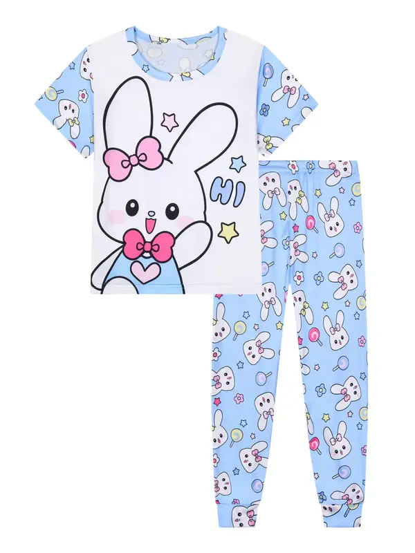 Girl's Cartoon Rabbit Print Tee & Pants Pyjama Two-Piece Set, Casual Comfy Round Neck Short Sleeve T-Shirt & Trousers PJ Set,...