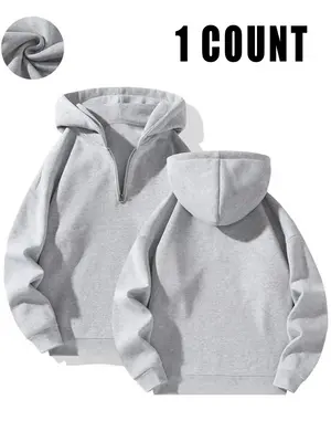 Unisex Plain Drop Shoulder Half Zip Up Hoodie, Casual Long Sleeve Hooded Sweatshirt for Fall & Winter, Men Clothes for Daily ...