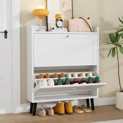 VOWNER Hidden Shoe Storage Cabinet with 2 Flip-out Drawers, Narrow Shoe Cabinet,White Furniture Organization, floating shelve...