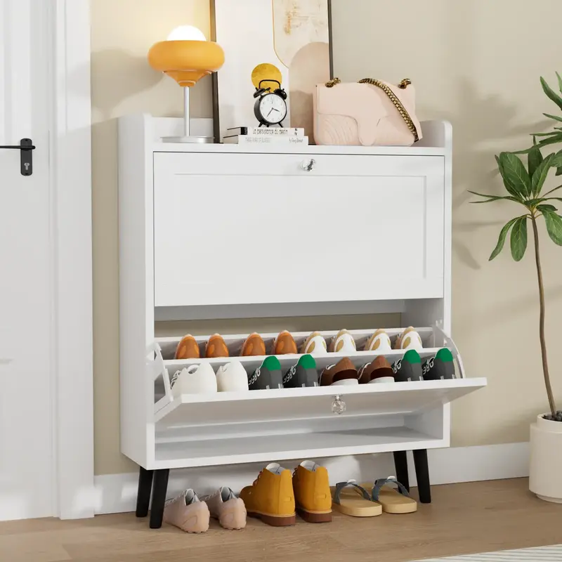 VOWNER Hidden Shoe Storage Cabinet with 2 Flip-out Drawers, Narrow Shoe Cabinet,White Furniture Organization, floating shelve...