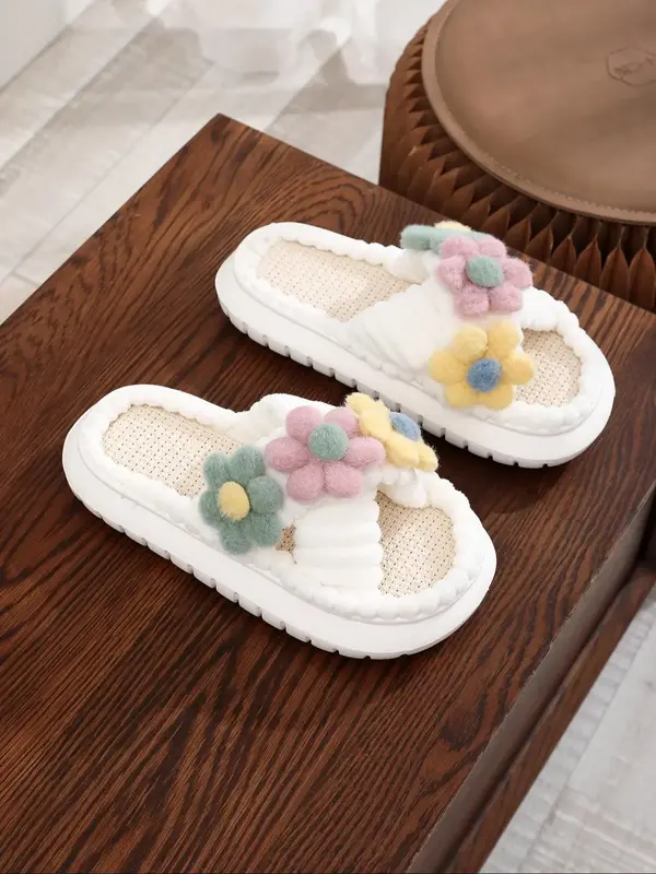 Women's 1 Pair Fashionable Casual Criss Cross Design Flower Decor Slippers, Minimalist Plain Round Toe Indoor Slippers, Styli...