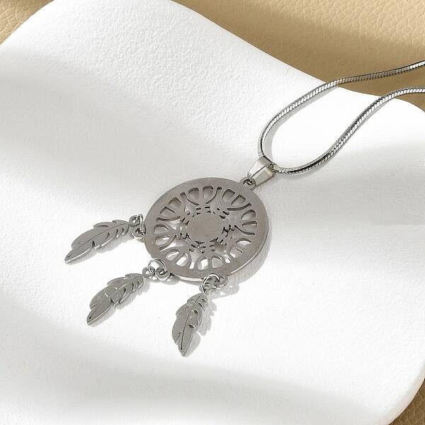 Bohemian 304 Stainless Steel Snowflake Woven Web/Net with Feather Pendant Necklaces