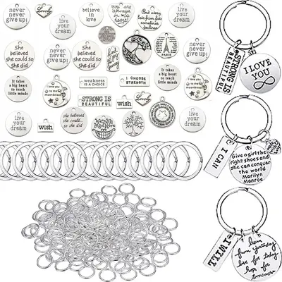 DIY Keyring Accessories, 100pcs/set Inspirational Keychain Kit, Including 20pcs Pendant & 20pcs Keyring & 60pcs Jump Circle, ...