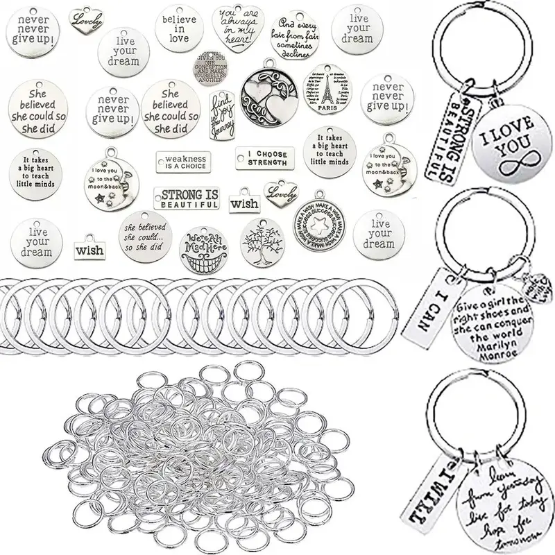 DIY Keyring Accessories, 100pcs/set Inspirational Keychain Kit, Including 20pcs Pendant & 20pcs Keyring & 60pcs Jump Circle, ...