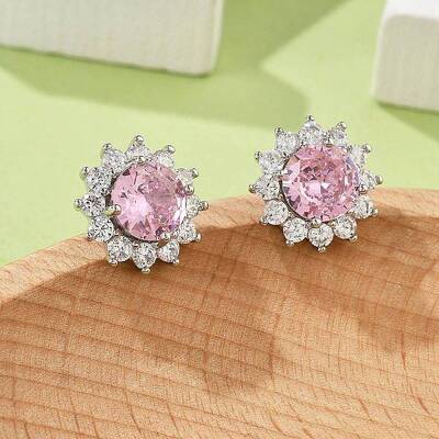 Flower Brass Micro Pave Clear Cubic Zirconia Stud Earrings for Women