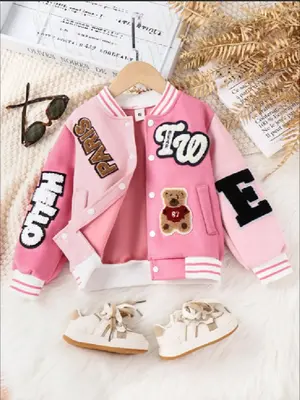 Girl's Patchwork Striped Trim Patched Button Front Baseball Jacket, Street Fashion Long Sleeve Mock Neck Outerwear for Daily ...