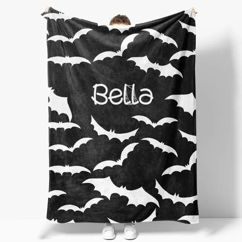 Aperturee Black White Halloween Bat Personalized Name Blanket - Aperturee