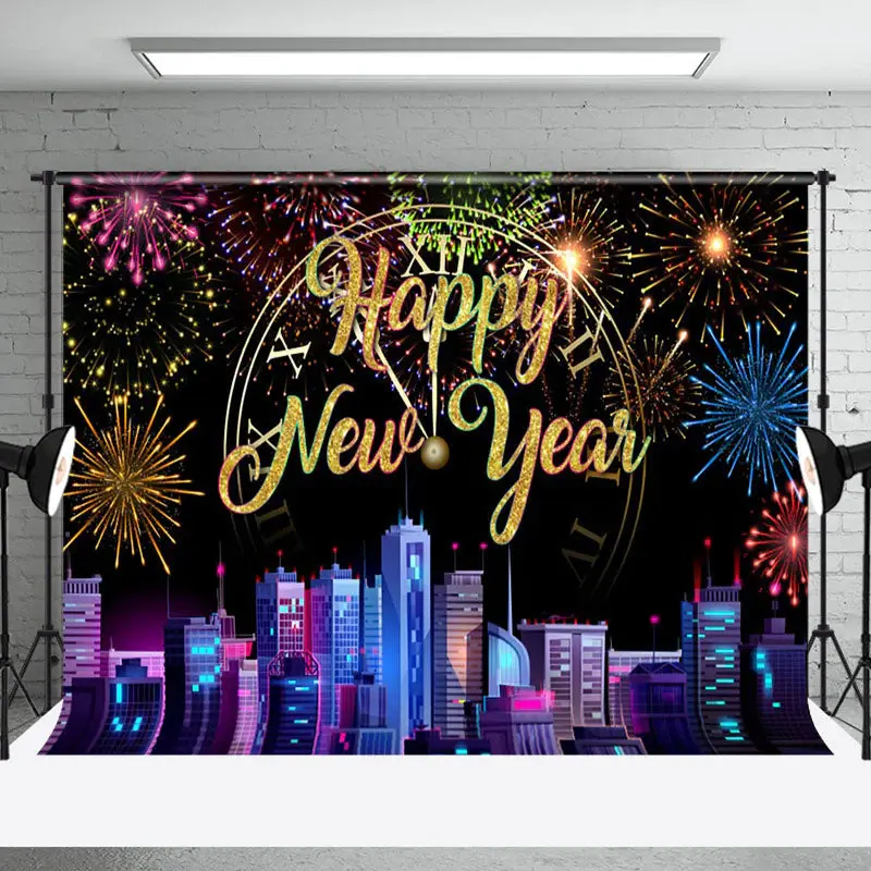 Colorful Sparks Modern City Happy New Year Backdrop - Aperturee