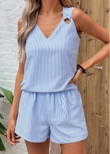 Modlily Sky Blue Eyelet Striped Sleeveless Top and Shorts - XXL