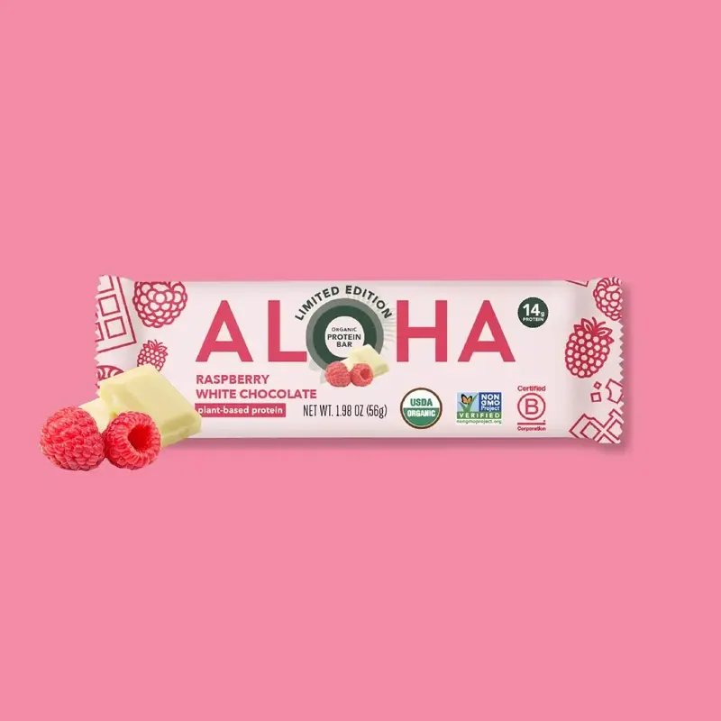 ALOHA Limited Edition Raspberry White Chocolate Protein Bars - 12 Bars - USDA Organic - 100% Plant-Based - 14g Protein - 3-5g...