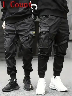 Men's Letter Embroidery Flap Pocket Drawstring Waist Cargo Pants, Cozy Regular Fit Casual Comfy Tape Buckle Trousers for Sp...