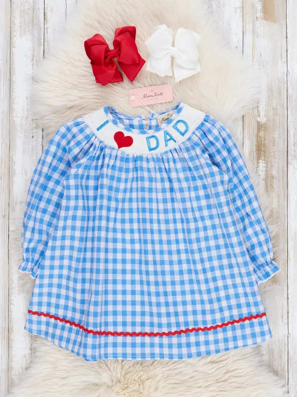 Blue Gingham Smocked Dad Love Dress