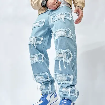 Wide-leg Men's Jeans Men Stylish Hip Hop Ripped Patch Loose Fit Jeans Pants Streetwear Male Casual Straight Denim Trousers Me...