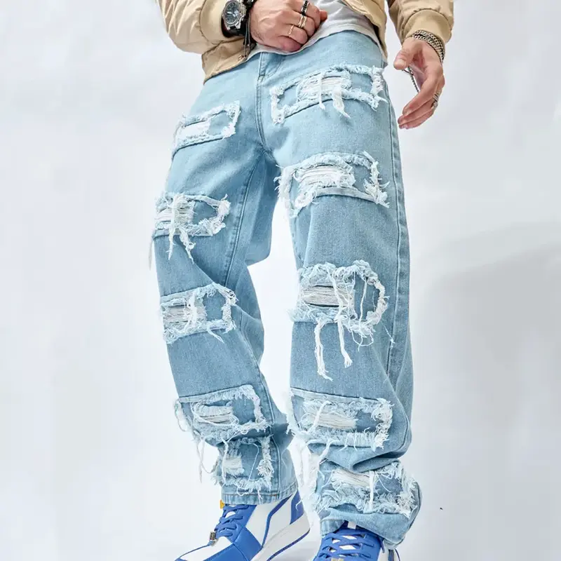 Wide-leg Men's Jeans Men Stylish Hip Hop Ripped Patch Loose Fit Jeans Pants Streetwear Male Casual Straight Denim Trousers Me...