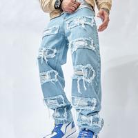 Wide-leg Men's Jeans Men Stylish Hip Hop Ripped Patch Loose Fit Jeans Pants Streetwear Male Casual Straight Denim Trousers Me...