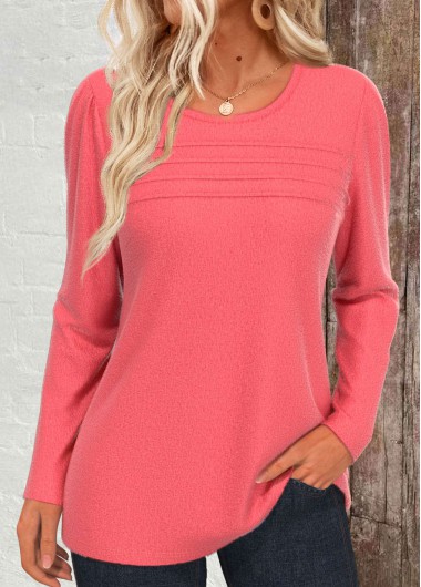 Modlily Coral Tuck Stitch Long Sleeve Round Neck T Shirt - L