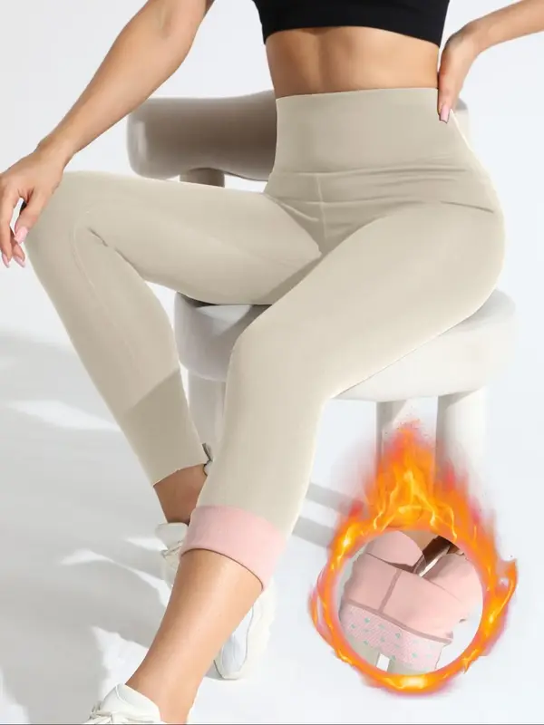 Women's Solid High Waist Thermal Lined Sports Leggings, Casual Comfy Breathable Skinny Pants for Yoga Gym Workout Running, La...