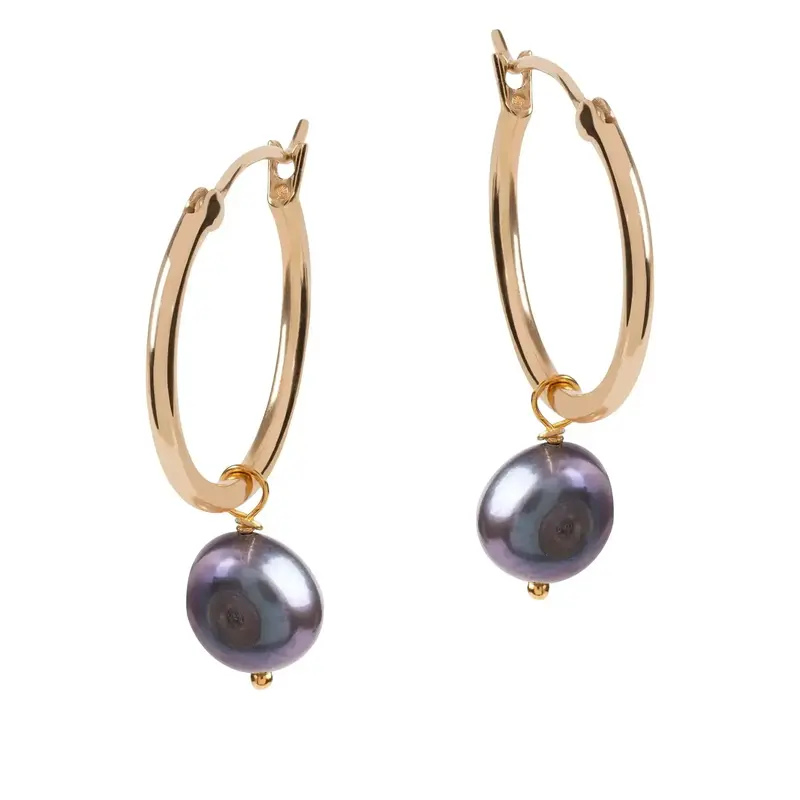Venus Gold Hoop Earrings with Dark Grey Pearl Charm | Size: Medium