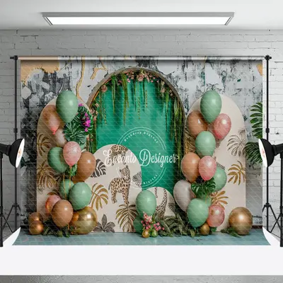 Retro Wall Tribal Leopard Plants Cake Smash Backdrop - Aperturee