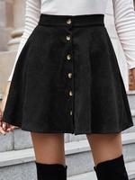 Women's Plain Button Front Flared Corduroy Skirt, Casual Womenswear, High Waist Short Skirt for Daily Wear, Ladies Bottoms ...
