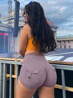 Women's Plain Ruched Pocket Cargo Shorts, Basic Casual Fitted High Stretch Shorts for Daily Wear, Summer Curvy Clothes, Ladie...