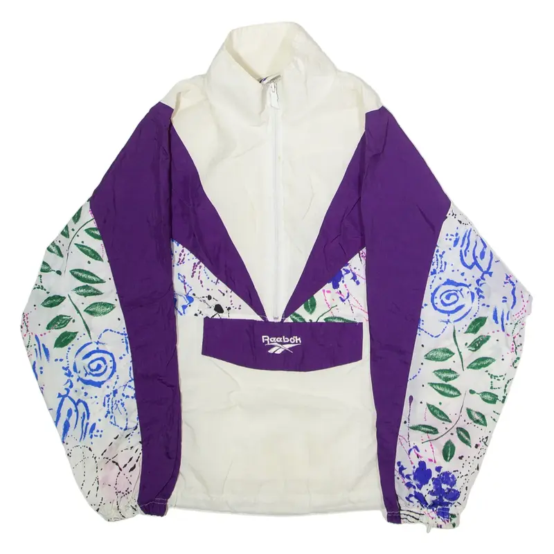 REEBOK Cropped Womens Pullover Jacket White Nylon 90s Crazy Pattern S