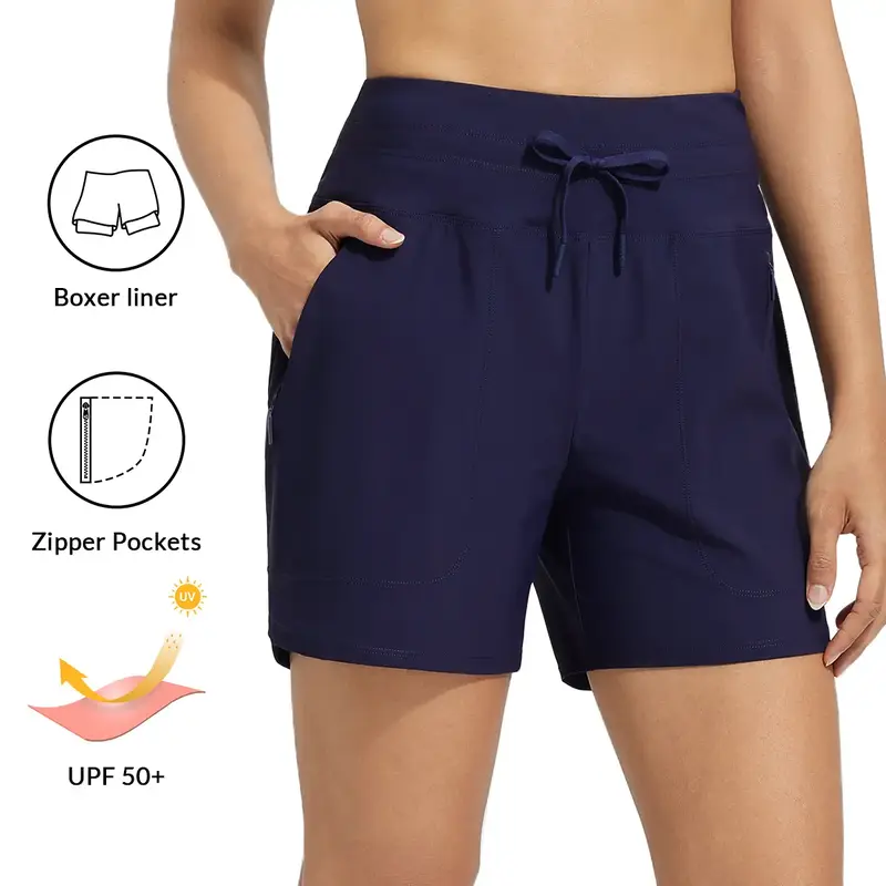 baleaf Women's 5 Swim Board Shorts High Waisted Quick Dry UPF 50+ Swimsuit Swimming Bottoms with Boxer Liner Zipper Pockets