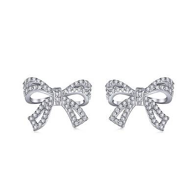 Rhodium Plated 925 Sterling Silver Micro Pave Cubic Zirconia Bowknot Stud Earrings for Woman